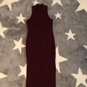 Dark Red High Neck Ribbed Midi Dress